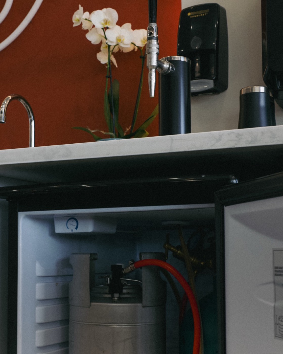 Behind the bar at Kyuu Cafe: nitro tap, orchid, and the keg system under the counter