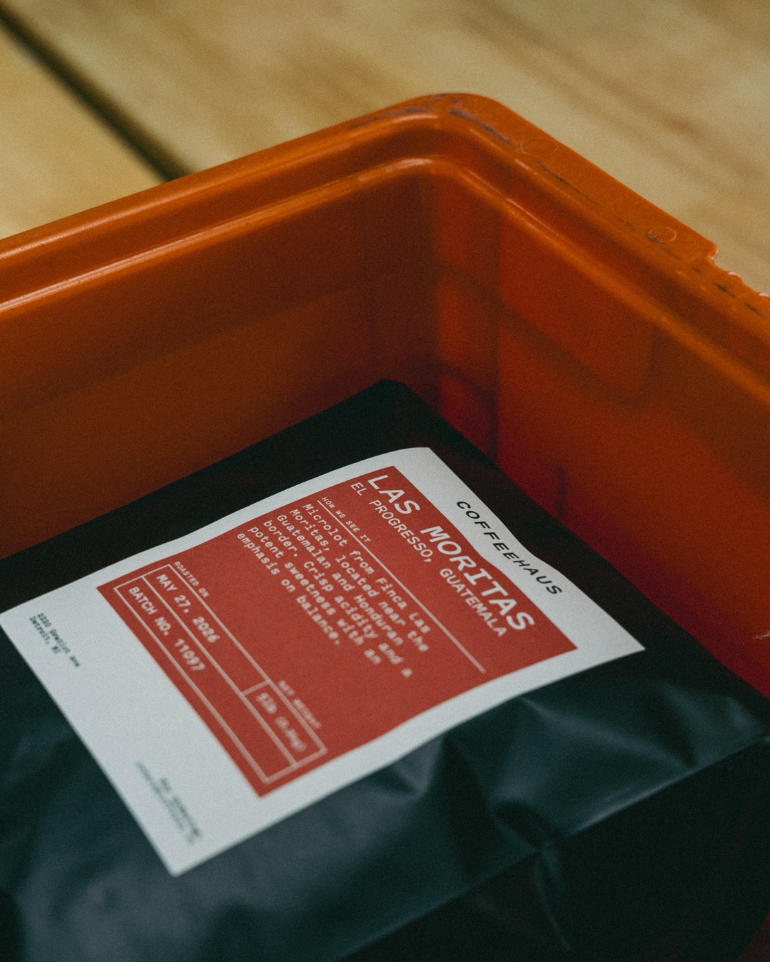 Coffeehaus bag of Las Moritas in an orange wholesale crate