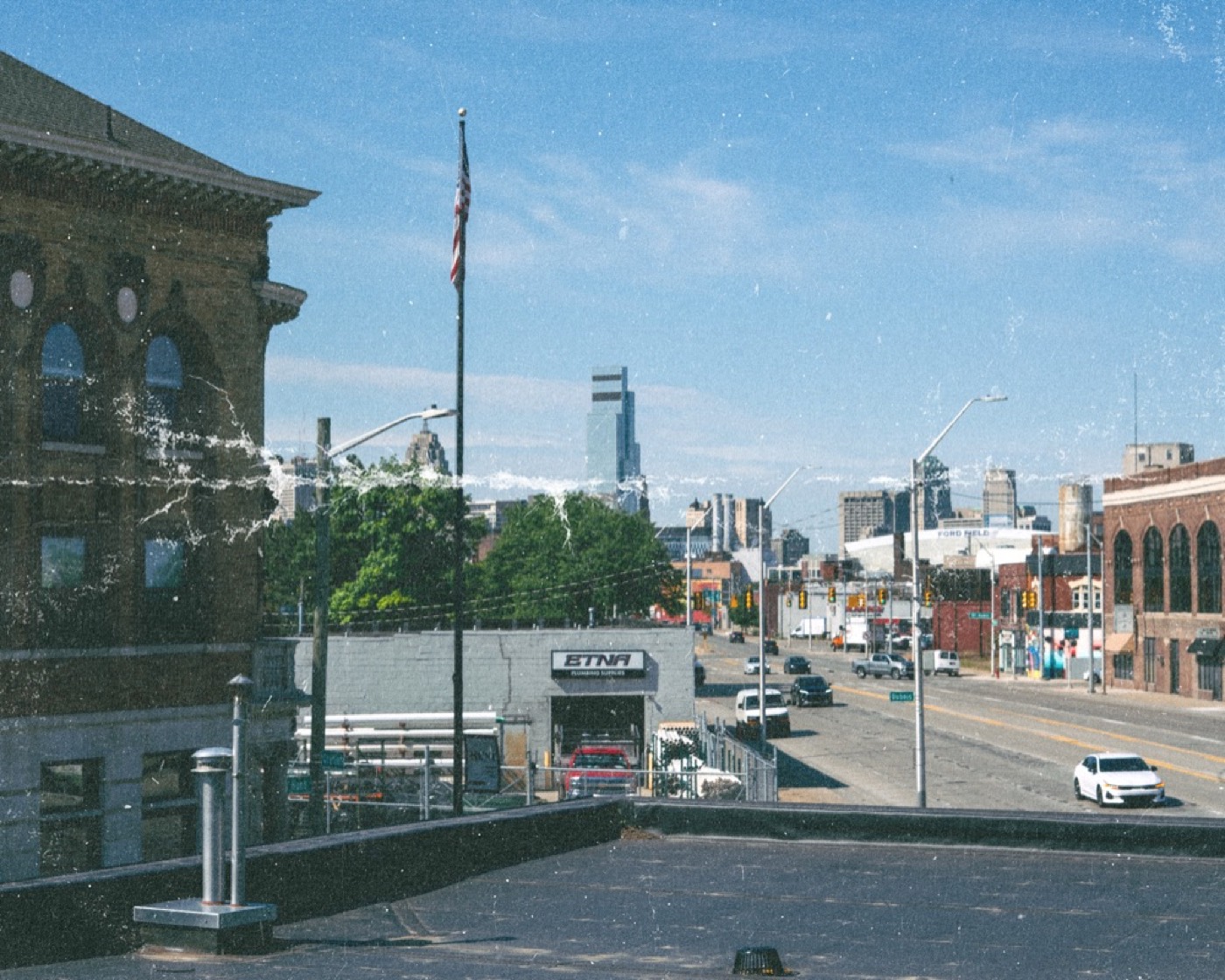 Detroit skyline from the Coffeehaus roastery rooftop